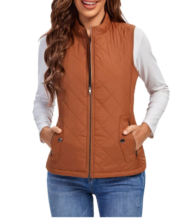 Damen Steppweste mit Reißverschluss und Taschen-Khaki-S-Luzern Mode