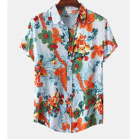 Tropenhemd Herren | Blumenmuster | leicht | atmungsaktiv | locker geschnitten | bunt-Blau-Orange-S-Luzern Mode
