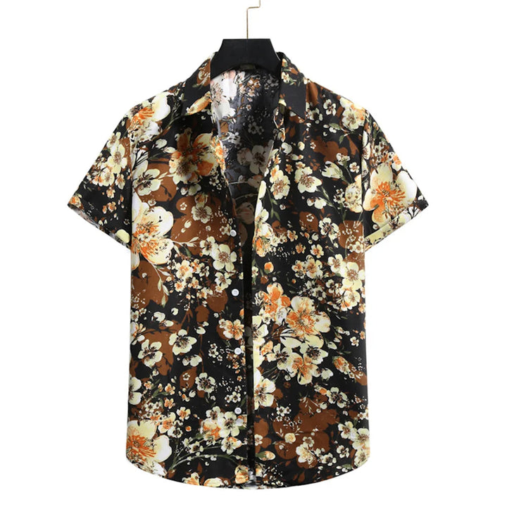 Tropenhemd Herren | Blumenmuster | leicht | atmungsaktiv | locker geschnitten | bunt-Braun-Schwarz-S-Luzern Mode