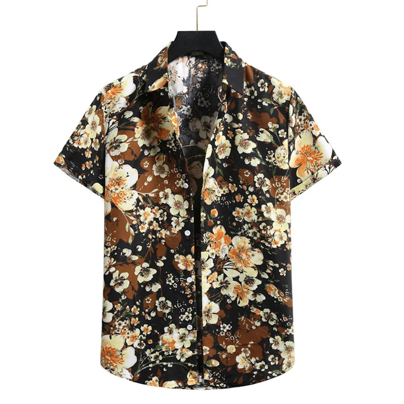 Tropenhemd Herren | Blumenmuster | leicht | atmungsaktiv | locker geschnitten | bunt-Braun-Schwarz-S-Luzern Mode