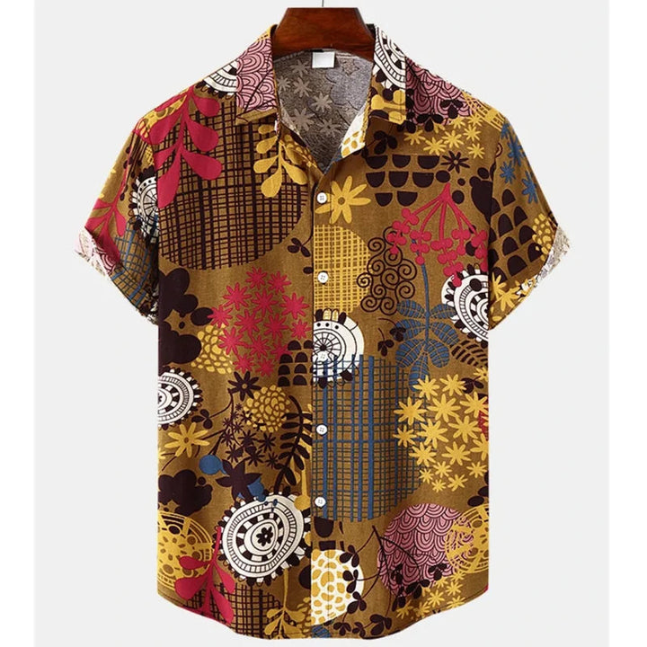 Tropenhemd Herren | Blumenmuster | leicht | atmungsaktiv | locker geschnitten | bunt-Dunkelbraun-Gelb-S-Luzern Mode