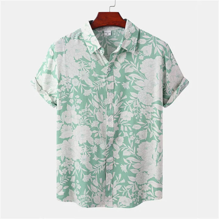 Tropenhemd Herren | Blumenmuster | leicht | atmungsaktiv | locker geschnitten | bunt-Grün-Weiß-S-Luzern Mode