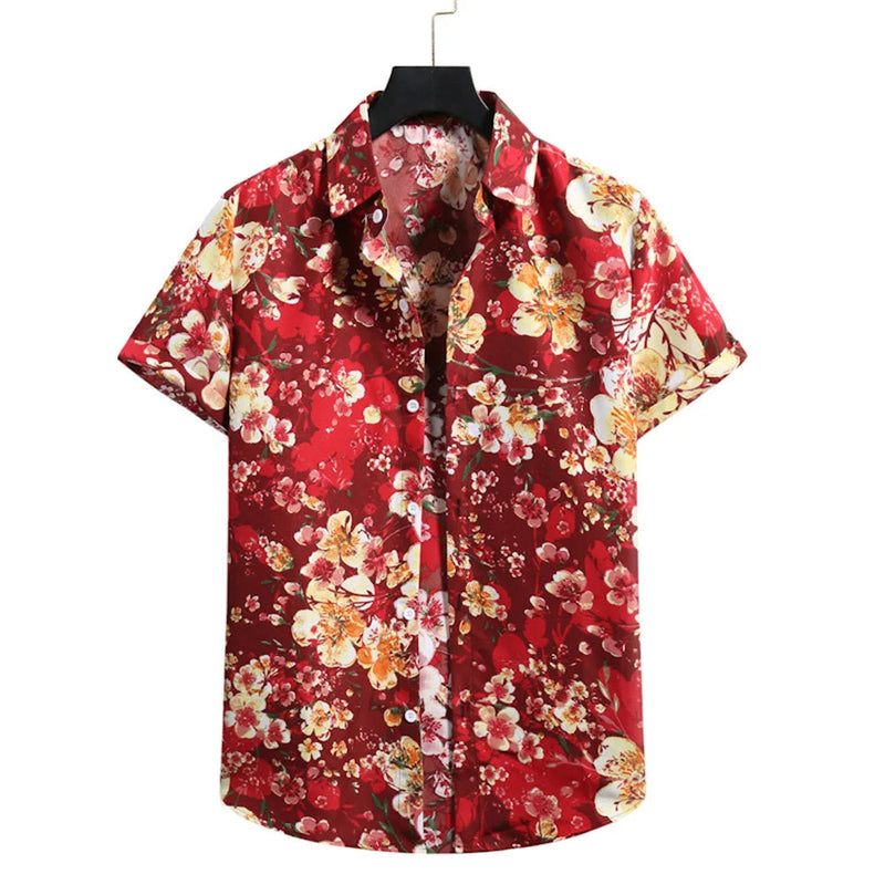 Tropenhemd Herren | Blumenmuster | leicht | atmungsaktiv | locker geschnitten | bunt-Rot-Braun-S-Luzern Mode