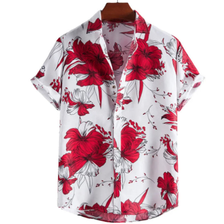 Tropenhemd Herren | Blumenmuster | leicht | atmungsaktiv | locker geschnitten | bunt-Weiß-Rot-S-Luzern Mode