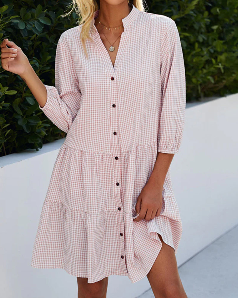 Sommerkleid | Karomuster | A-Linien | Leicht | Lange Ärmel | Knielang-Luzern Mode