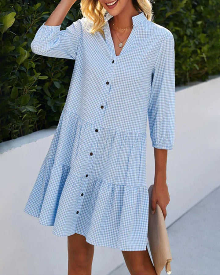Sommerkleid | Karomuster | A-Linien | Leicht | Lange Ärmel | Knielang-Blau-S-Luzern Mode
