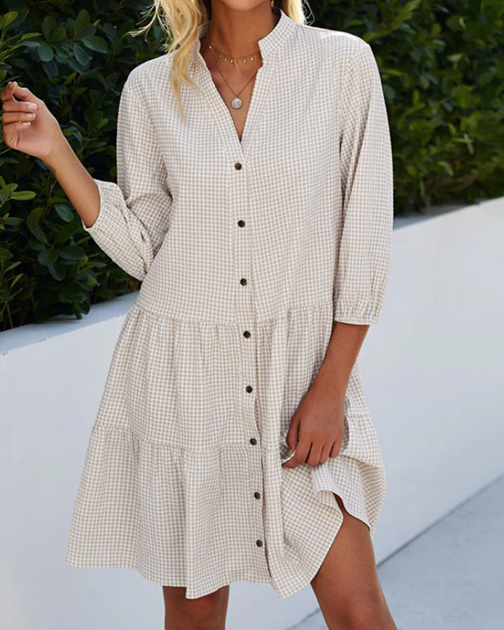 Sommerkleid | Karomuster | A-Linien | Leicht | Lange Ärmel | Knielang-Khaki-S-Luzern Mode