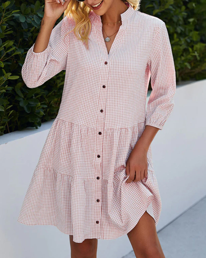 Sommerkleid | Karomuster | A-Linien | Leicht | Lange Ärmel | Knielang-Rosa-S-Luzern Mode