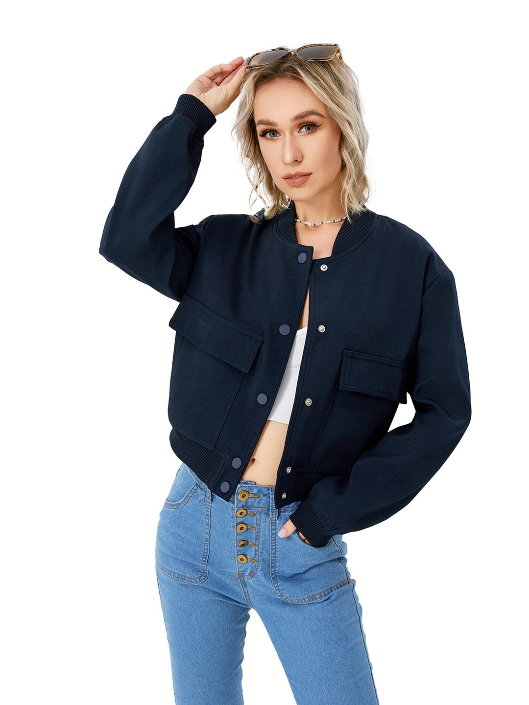Damen Bomberjacke | Knopfverschluss | Einfarbig | Leicht | Locker-Dunkelblau-S-Luzern Mode