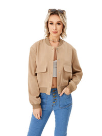 Damen Bomberjacke | Knopfverschluss | Einfarbig | Leicht | Locker-Khaki-S-Luzern Mode