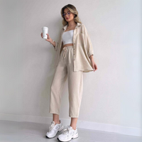 Damen Outfit | Zweiteilig | Einfarbig | Lockere Schnitt | Bluse | Hose-Beige-S-Luzern Mode