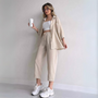 Damen Outfit | Zweiteilig | Einfarbig | Lockere Schnitt | Bluse | Hose-Beige-S-Luzern Mode