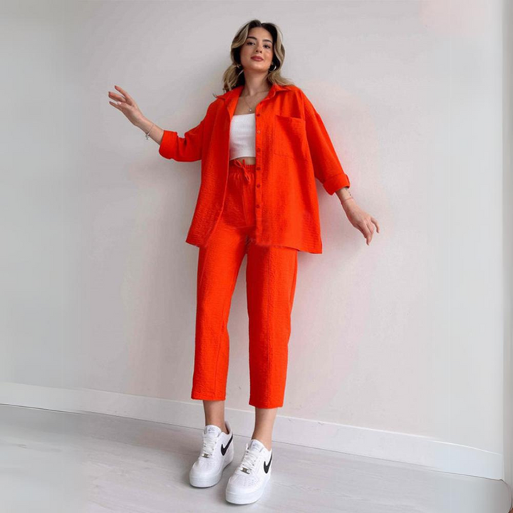 Damen Outfit | Zweiteilig | Einfarbig | Lockere Schnitt | Bluse | Hose-Rot-S-Luzern Mode