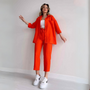 Damen Outfit | Zweiteilig | Einfarbig | Lockere Schnitt | Bluse | Hose-Rot-S-Luzern Mode
