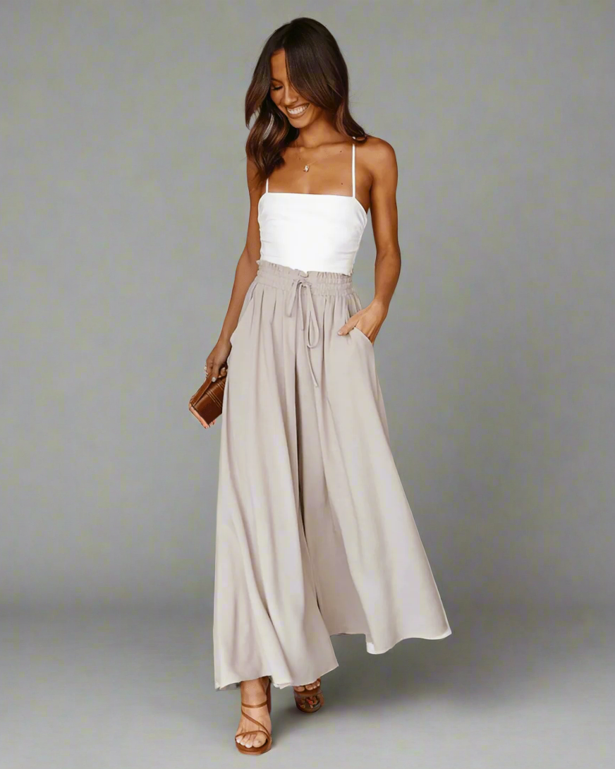 Sommerhose Damen | Hohe Taille | Leicht | Luftig | Bequem | Casual | Alltag-Beige-S (36)-Luzern Mode