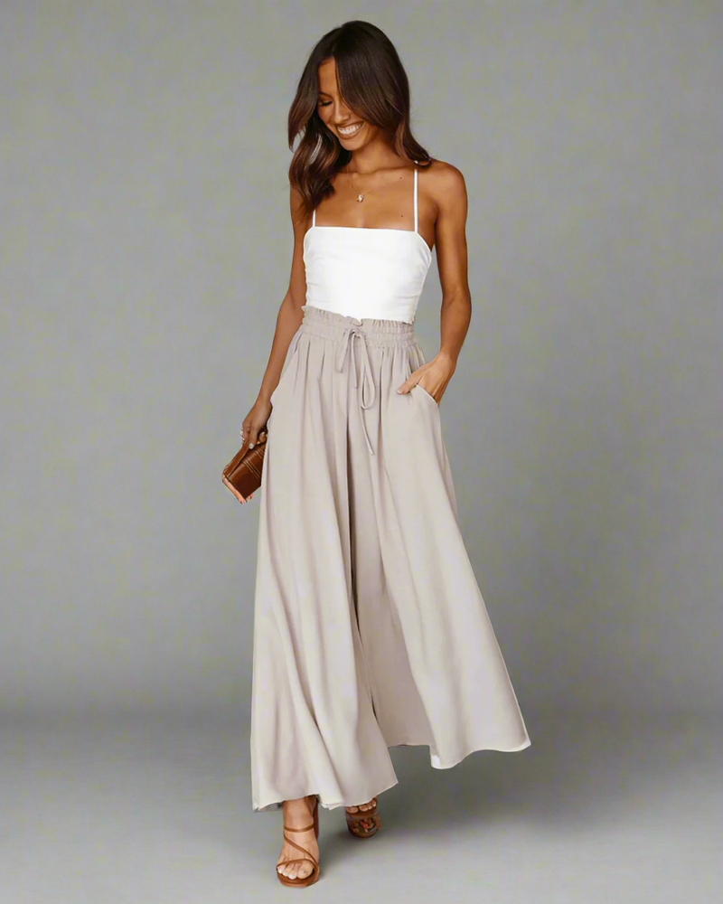 Sommerhose Damen | Hohe Taille | Leicht | Luftig | Bequem | Casual | Alltag-Beige-S (36)-Luzern Mode