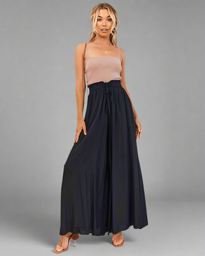 Sommerhose Damen | Hohe Taille | Leicht | Luftig | Bequem | Casual | Alltag-Schwarz-S (36)-Luzern Mode