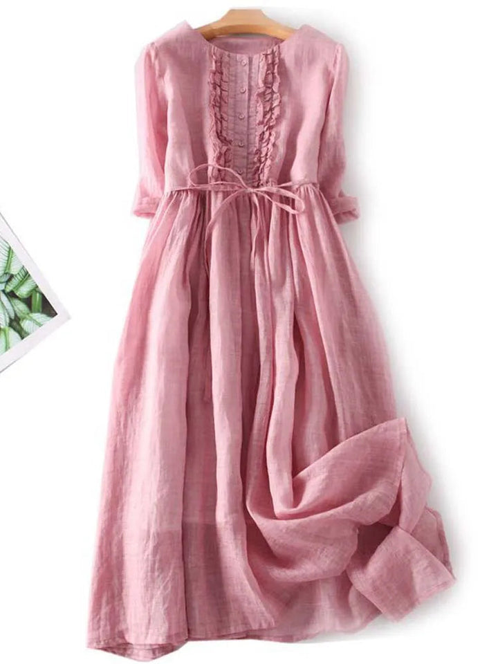 Leinenkleid | Lang | Halbe Ärmel | Plissiert | Unifarben | Luftig-Rosa-M-Luzern Mode