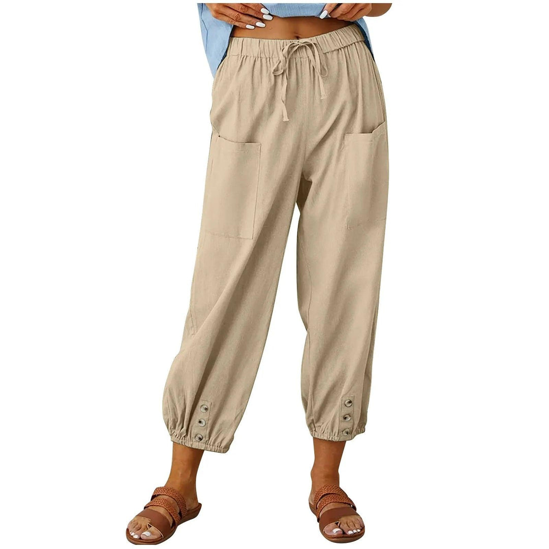 Atmungsaktives Leinenmaterial | weiter Schnitt | elastischer Bund mit Kordelzug-Khaki-S-Luzern Mode