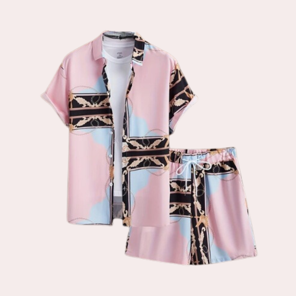 Herren Tropenhemd und Shorts Set für Sommerurlaub-Rosa-S-Luzern Mode