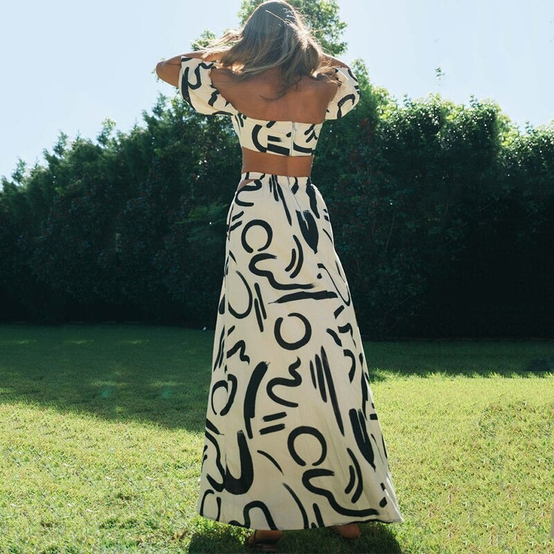 Boho Set Damen zweiteilig | Off-Shoulder Top | Midirock | figurbetont | luftig-Luzern Mode