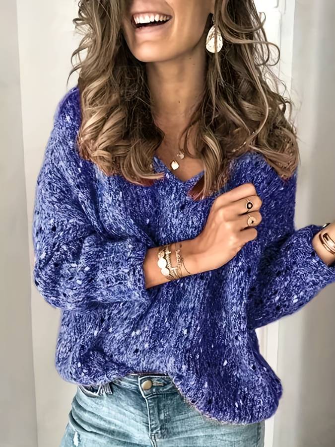Damen Strickpullover V-Ausschnitt mit Pailletten-Details-Blau-XS-Luzern Mode