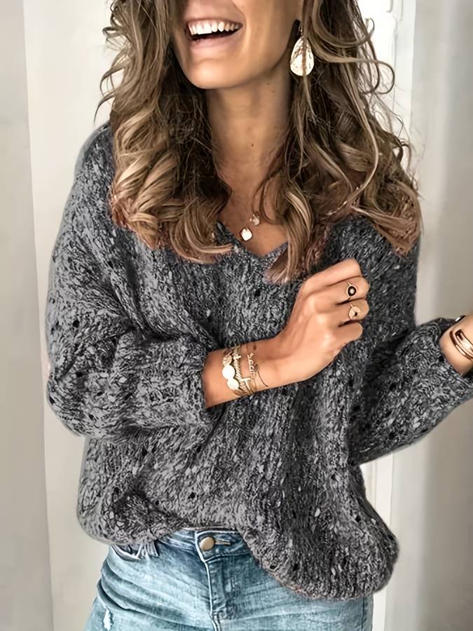 Damen Strickpullover V-Ausschnitt mit Pailletten-Details-Dunkelgrau-XS-Luzern Mode