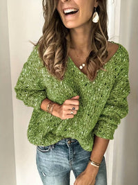 Damen Strickpullover V-Ausschnitt mit Pailletten-Details-Grün-XS-Luzern Mode