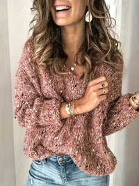 Damen Strickpullover V-Ausschnitt mit Pailletten-Details-Rosa-XS-Luzern Mode