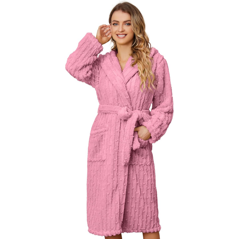Flauschiger Damen Bademantel mit Kapuze und Taschen-Rosa-S-M-Luzern Mode
