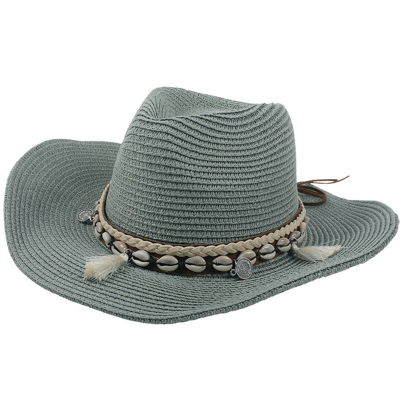 Sommerhut Damen | Mit Muscheln & Quasten | Leicht & Boho | Für Strand & Freizeit-Grün-Luzern Mode