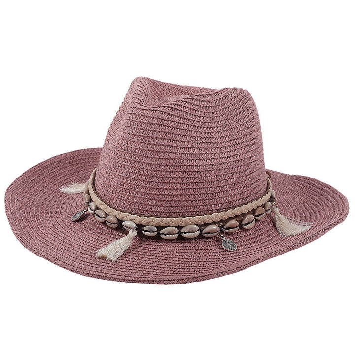 Sommerhut Damen | Mit Muscheln & Quasten | Leicht & Boho | Für Strand & Freizeit-Lila-Luzern Mode