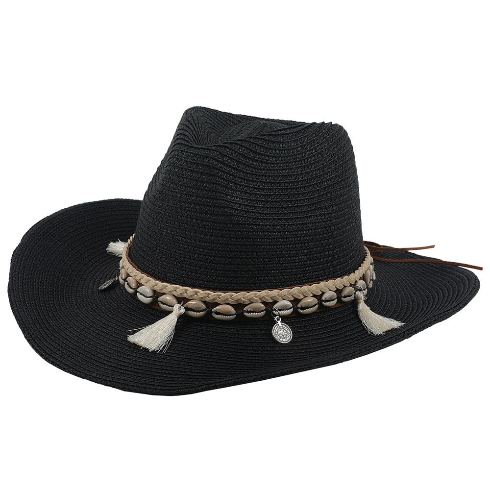 Sommerhut Damen | Mit Muscheln & Quasten | Leicht & Boho | Für Strand & Freizeit-Schwarz-Luzern Mode