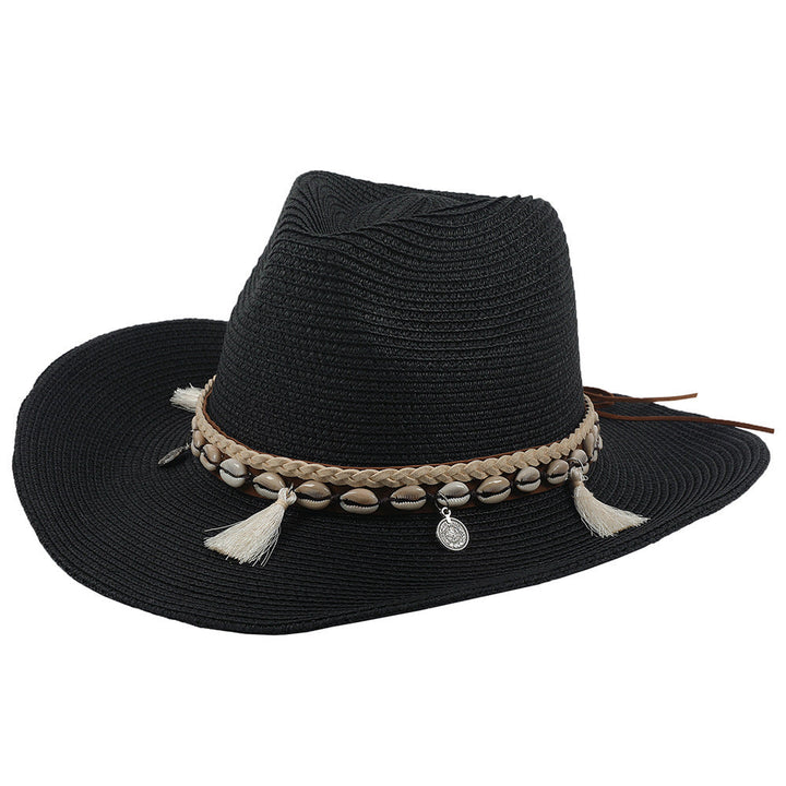 Sommerhut Damen | Mit Muscheln & Quasten | Leicht & Boho | Für Strand & Freizeit-Schwarz-Luzern Mode