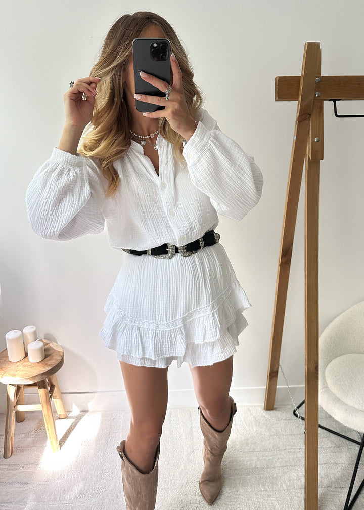 Baumwoll Sommer Zweiteiler | leichte Bluse mit Short | weiß | atmungsaktiv-Weiß-Einheitsgröße-Luzern Mode