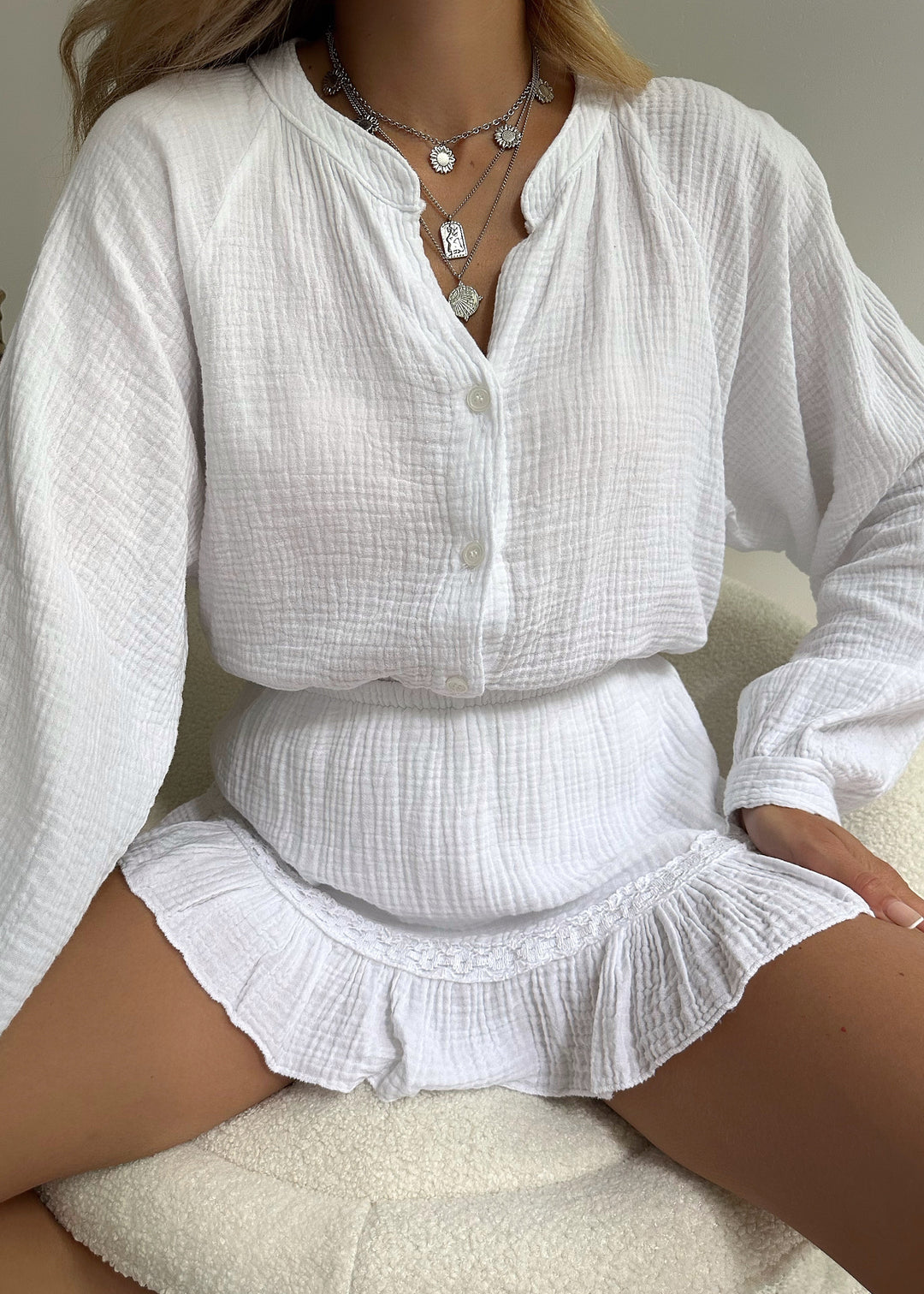 Baumwoll Sommer Zweiteiler | leichte Bluse mit Short | weiß | atmungsaktiv-Luzern Mode