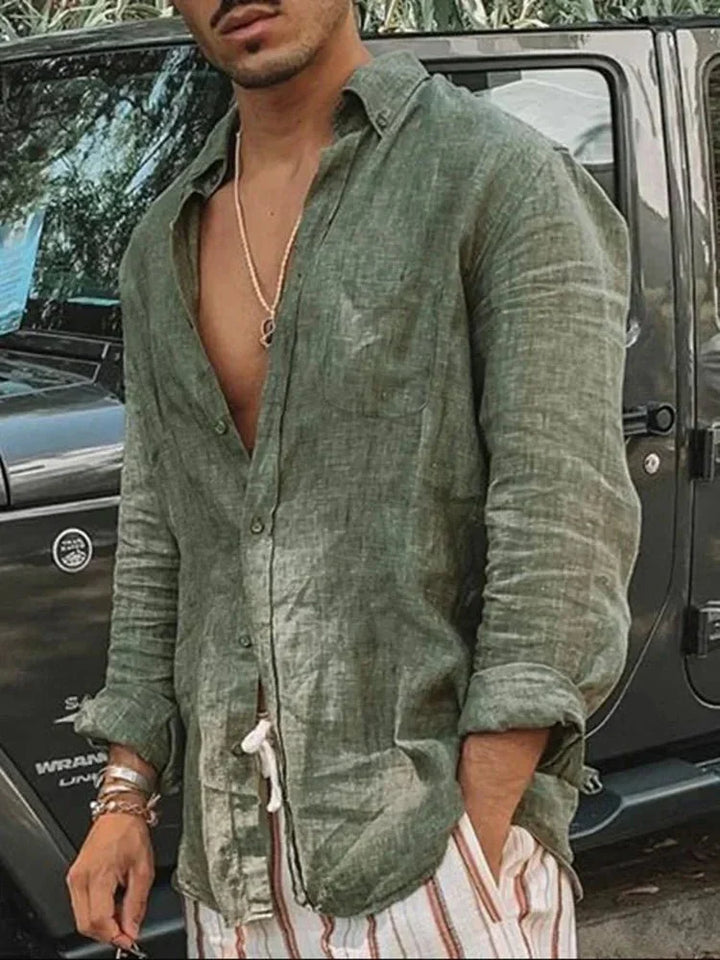 Herren Leinenhemd Sommer | Leicht | Atmungsaktiv | Geknittert | Freizeit | Style-Grün-S-Luzern Mode