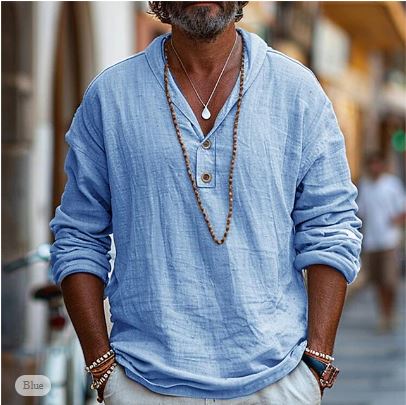 Sommer Henley Shirt Herren | Atmungsaktiv | Leinen Look | Freizeit | Trend-Blau-S-Luzern Mode