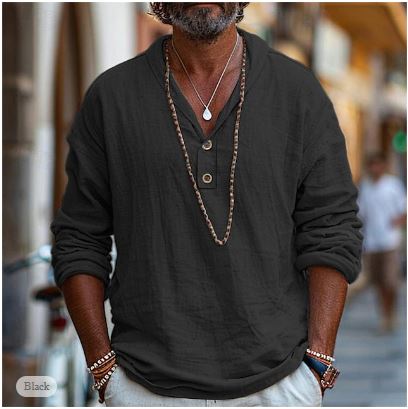 Sommer Henley Shirt Herren | Atmungsaktiv | Leinen Look | Freizeit | Trend-Schwarz-S-Luzern Mode