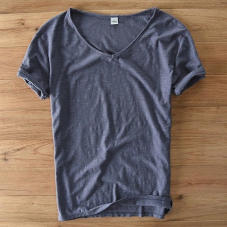V-Ausschnitt | Kurzarm | Leinen-Baumwolle | atmungsaktiv | locker | Herren-Grau-M-Luzern Mode