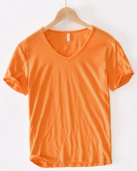 V-Ausschnitt | Kurzarm | Leinen-Baumwolle | atmungsaktiv | locker | Herren-Orange-M-Luzern Mode