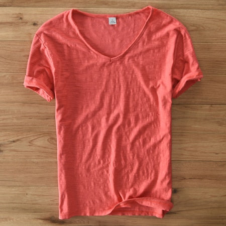V-Ausschnitt | Kurzarm | Leinen-Baumwolle | atmungsaktiv | locker | Herren-Rot-M-Luzern Mode