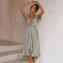 Sommer Midikleid Damen | V-Ausschnitt | Luftig | Boho Look | Freizeitkleid-Hellgrün-S-Luzern Mode