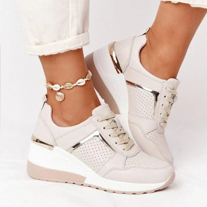 Damen Air Sneakers | Leichtgewicht | Schnürung | Unterstützend-Beige-35-Luzern Mode