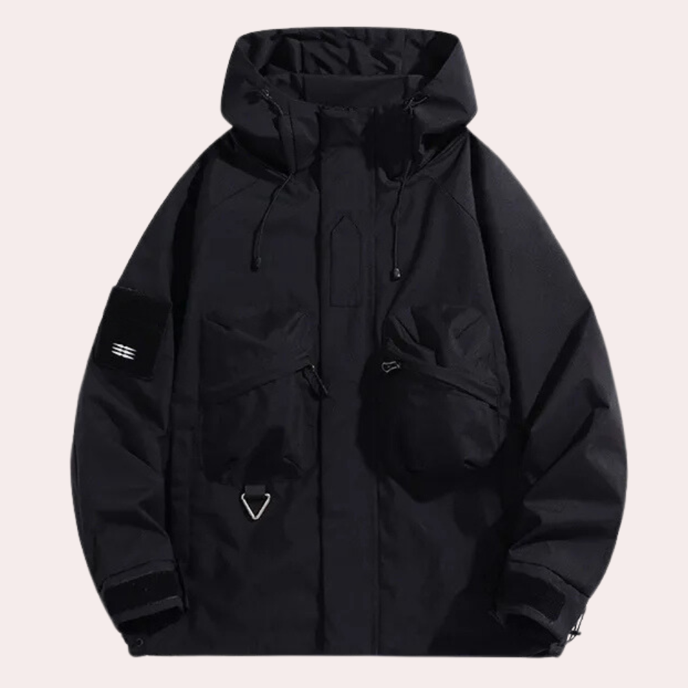 Herren Outdoorjacke mit großen Vordertaschen und Reißverschluss-Schwarz-S-Luzern Mode