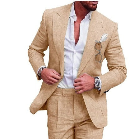 Herren Leinenanzug Slim Fit Business Hochzeit Anzug-Beige-M-Luzern Mode