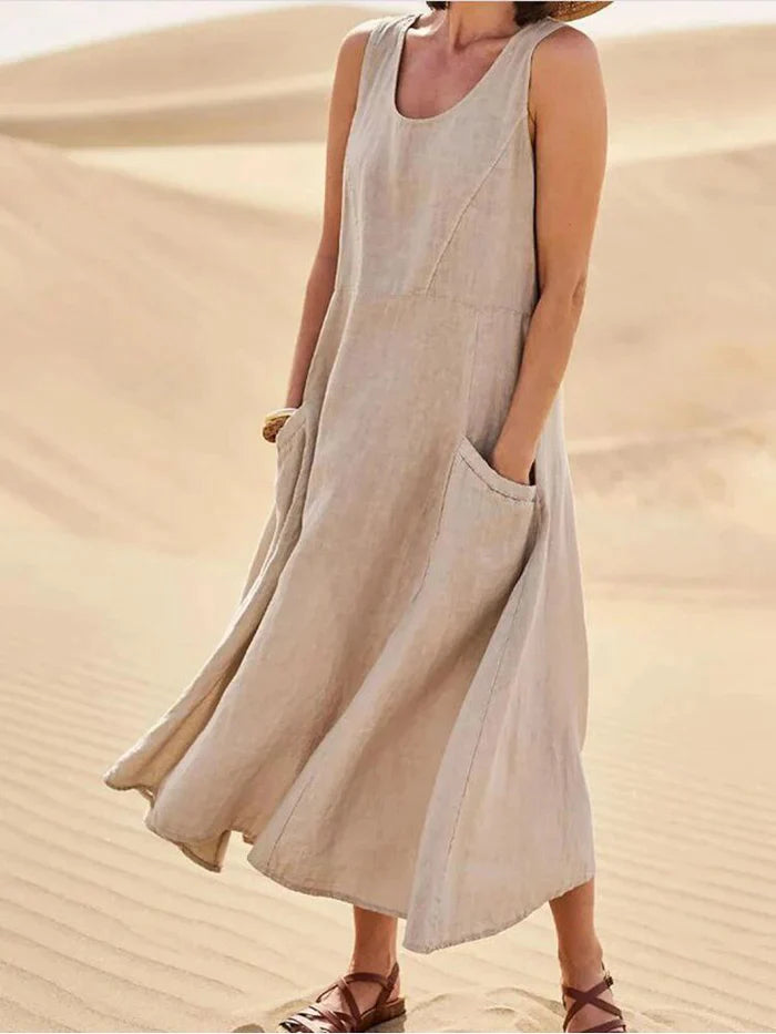 Leinen Sommerkleid | Mit Taschen | Ärmellos | Lang | Rundhalsausschnitt | Uni-Beige-S-Luzern Mode