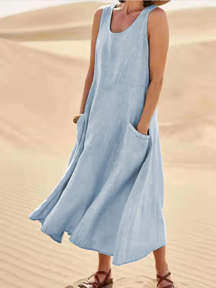 Leinen Sommerkleid | Mit Taschen | Ärmellos | Lang | Rundhalsausschnitt | Uni-Blau-S-Luzern Mode