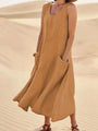 Leinen Sommerkleid | Mit Taschen | Ärmellos | Lang | Rundhalsausschnitt | Uni-Braun-S-Luzern Mode