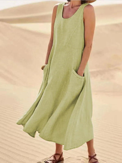 Leinen Sommerkleid | Mit Taschen | Ärmellos | Lang | Rundhalsausschnitt | Uni-Grün-S-Luzern Mode